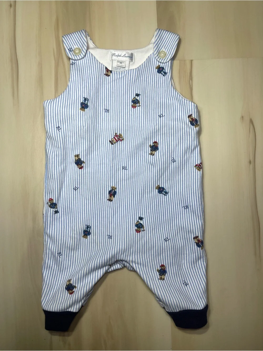 Polo Ralph Lauren Infant Sz 3m Baby Polo Bear Overalls Blue Bear Logos Striped